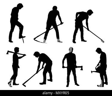 Set silhouette de jeune homme - agriculteur ou jardinier avec des outils dans différentes poses - vector Illustration de Vecteur