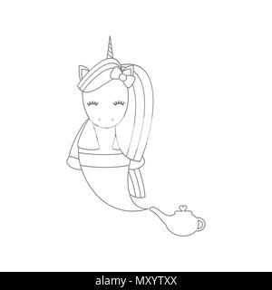 Cute cartoon noir et blanc licorne genie Illustration de Vecteur