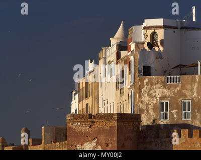 Maison Blanche à Medina de la vieille ville d'Essaouira près de l'ancienne forteresse de pierre mur, le Maroc. Banque D'Images
