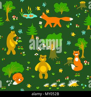 Cute cartoon animaux portent, Fox, hedgehog dans la forêt une patternkids Illustration de Vecteur