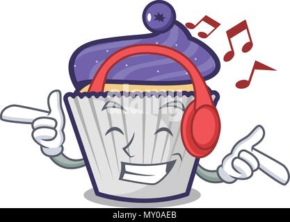 Musique écoute cupcake blueberry mascot cartoon Illustration de Vecteur