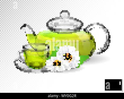 Camomille dans une théière transparente avec une tasse. Vector illustration 3D réaliste. Illustration de Vecteur