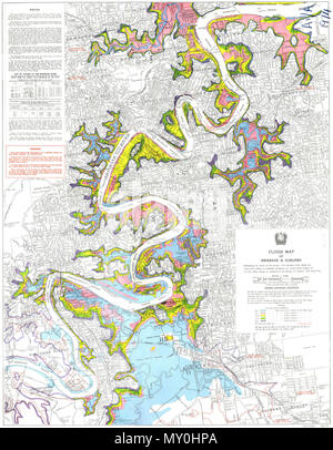 Carte de Brisbane et de banlieues, de délimiter l'étendue de. L'image numérique pour cette carte a été coupée en deux en raison de la taille de la carte d'origine. Ils ont été rassemblés pour faciliter la visualisation en ligne. Le Brisbane 1974 inondation a eu lieu en janvier 1974 à Brisbane, Queensland, Australie. Il a eu lieu quand les voies d'eau dans la ville a connu d'importantes inondations. La Brisbane River, qui traverse le cœur de la ville, a brisé ses rives et inondé les environs. Au total, il y a eu 14 morts, 300 blessés, 8000 maisons détruites et environ 68 millions de dollars dans la région de dam Banque D'Images