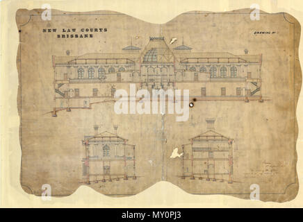 Le dessin architectural du nouveau palais de justice, George Street, Brisbane,. Ce dessin de la Cour suprême est signé et daté par John Petrie, un architecte, maçon et le premier maire de Brisbane. Banque D'Images