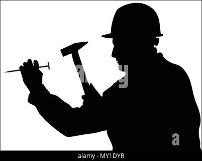 L'homme se sert d'un marteau pour frapper un clou vector silhouettes Illustration de Vecteur