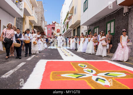 Prêtre et première communion enfants parade au fil des Corpus Christi sel tapis dans Alcala, Tenerife, Canaries, Espagne, Banque D'Images