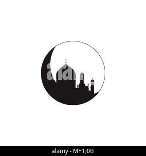 Silhouette de mosquée avec minarets sur Croissant de lune. Concept pour la fête musulmane islamique de célébration anniversaire Mawlid du prophète Muhammad, mois sacré du Ramadan Kareem, Eid Mubarak Illustration de Vecteur