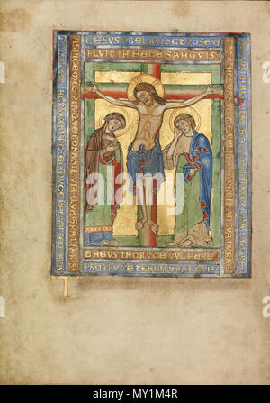 . English : T Initial : La Crucifixion ; inconnu ; Steinfeld, Allemagne ; environ 1180 Tempera ; couleurs, or, argent, et de l'encre sur parchemin ; Feuille : 25,2 x 17,9 cm (9 15/16 x 7 1/16 in.) ; Mme Ludwig V 4, fol. 67v . vers 1180. 502 Missel Steinfeld inconnu T Banque D'Images