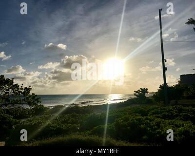 Coucher de soleil dans une rue côtière à Oistins, Barbade (île des Caraïbes) avec palmiers, plage et beau océan turquoise en arrière-plan Banque D'Images