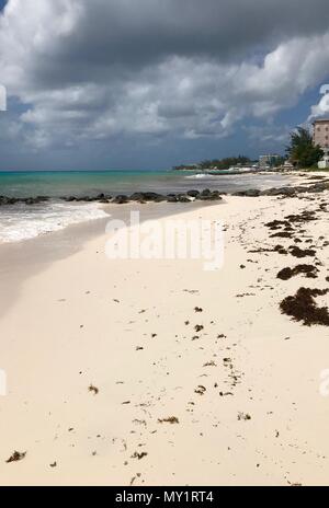 Welches pittoresque idyllique plage de Oistins, Barbade (île des Caraïbes - Antilles) avec d'énormes pierres noires, herbe, sable et un ciel bleu avec des nuages blancs Banque D'Images