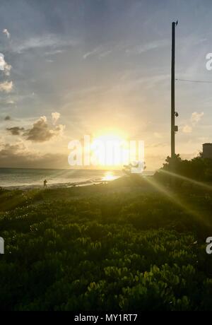 Coucher de soleil dans une rue côtière à Oistins, Barbade (île des Caraïbes) avec palmiers, plage et beau océan turquoise en arrière-plan Banque D'Images