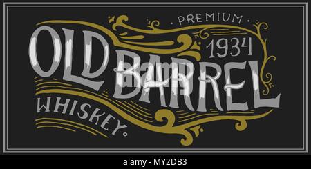 Whiskey américain Vintage badge. Les étiquette avec éléments calligraphiques. Croquis dessinés à la main, gravé lettrage pour t-shirt. Cadre classique pour bouteilles poster bannière. Verre à liqueur forte. Illustration de Vecteur