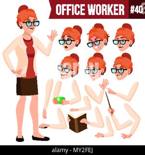 Office Worker vecteur. Femme. Employé, Ouvrier moderne. Femme d'affaires. Les émotions, les gestes. Création d'animation défini. Télévision Cartoon Illustration Illustration de Vecteur