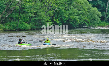 Rivière SPEY TAMDHU ECOSSE Canoë Kayak Canoë kayak RIVIÈRE RAPIDE UN VERT ET UN BLEU AVEC DES GENS Banque D'Images