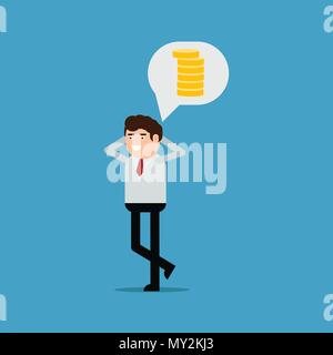 Businessman pense à l'argent, vecteur illustration sur fond bleu Illustration de Vecteur