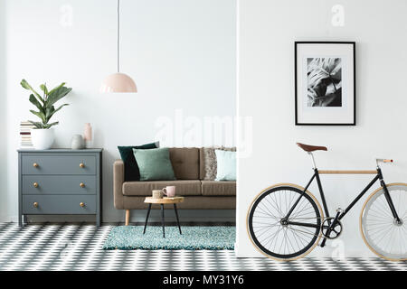 Vélo et affiche sur un mur dans un salon moderne avec l'intérieur d'une commode, des plantes et d''un canapé à l'arrière-plan Banque D'Images