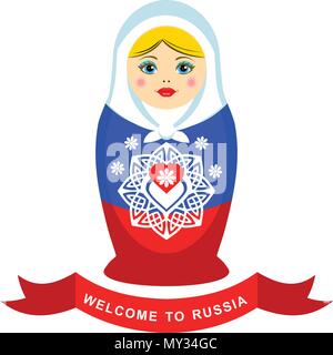 Poupée russes d'emboîtement avec coeur ornement élément. Couleurs de Rissian drapeau. Bienvenue à la Russie. Illustration de Vecteur