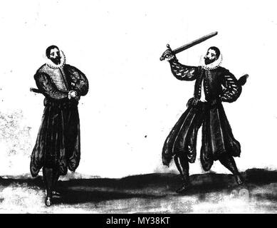 . Anglais : Schermkunst (voûte cas MS Fol.U.423.792) est un manuel d'escrime néerlandais créé en 1595. En ce moment il se repose dans les avoirs de la Newberry Library de Chicago, IL. 21 février 2013, 19:37:10. Inconnu 546 VAULT Cas MS Fol.U.423.792 04r Banque D'Images