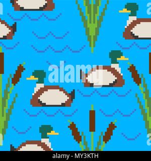 Drake pixel art motif. Étang de 8 bits d'oiseaux de la sauvagine. texture de fond. Vector illustration Illustration de Vecteur