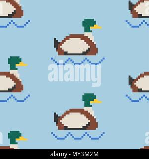 Drake pixel art motif. Étang de 8 bits d'oiseaux de la sauvagine. texture de fond. Vector illustration Illustration de Vecteur