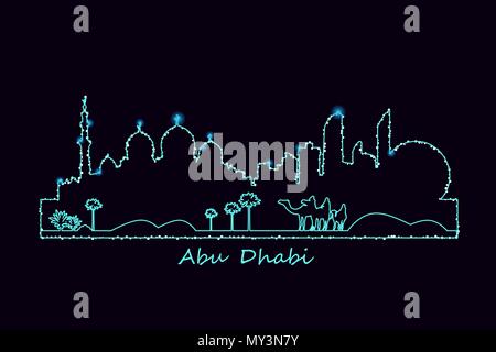 Dubai City landmarks skyline illuminée la nuit et cavaliers de chameau dans le désert l'illustration vectorielle. Silhouette rougeoyante. Illustration de Vecteur