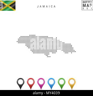 La carte à points vecteur de la Jamaïque. Silhouette simple de la Jamaïque. Drapeau national de la Jamaïque. Ensemble de marqueurs carte multicolore Illustration de Vecteur