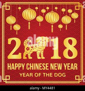 Joyeux Nouvel An chinois 2018 typographie avec chien d'or et de lanternes chinoises. Vector illustration. Pour carte de voeux, flyer, affiche, bannière ou site web te Illustration de Vecteur