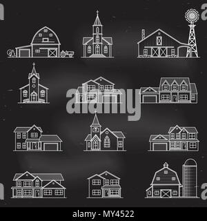 Ensemble de l'icône de la ligne mince suburban maisons américaines, les églises et les fermes au tableau. Pour la conception web et l'interface d'application, également utile pour infogr Illustration de Vecteur