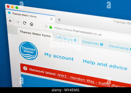 Londres, Royaume-Uni - 29 MAI 2018 : La page d'accueil du site web de Thames Water - l'entreprise privée, le 29 mai 2018. Banque D'Images