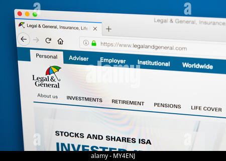 Londres, Royaume-Uni - 29 MAI 2018 : La page d'accueil du site web officiel de la Legal & General Group plc - la multinationale britannique financial services comp Banque D'Images