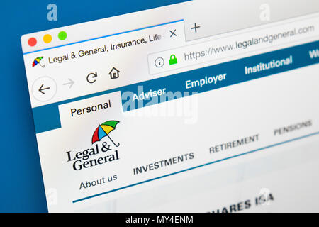 Londres, Royaume-Uni - 29 MAI 2018 : La page d'accueil du site web officiel de la Legal & General Group plc - la multinationale britannique financial services comp Banque D'Images