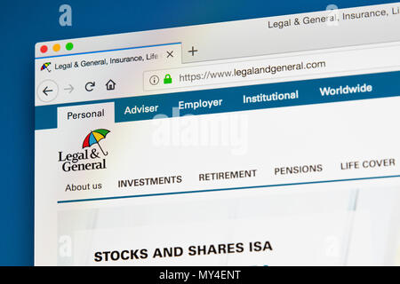 Londres, Royaume-Uni - 29 MAI 2018 : La page d'accueil du site web officiel de la Legal & General Group plc - la multinationale britannique financial services comp Banque D'Images