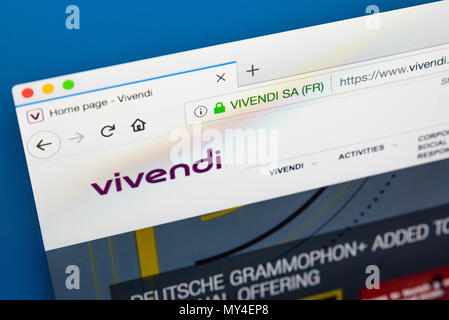 Londres, Royaume-Uni - 29 MAI 2018 : La page d'accueil du site web officiel de Vivendi SA - le conglomérat de médias de masse français, le 29 mai 2018. Banque D'Images