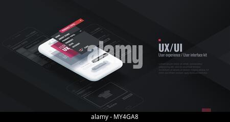 Un téléphone mobile avec une interface démonté. L'expérience utilisateur, l'interface utilisateur dans l'e-commerce. Wireframe Site web pour les applications mobiles. Illustration de Vecteur