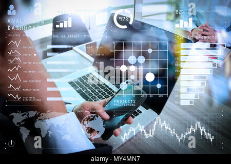 Intelligence (BI) et de l'analytique des affaires (BA) avec les indicateurs de performance clés (KPI) concept de planche de bord.de présentation à l'aide de smart phon Banque D'Images