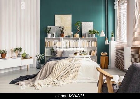 Intérieur chambre à coucher moderne avec un lit double, d'étagère blanc, plantes et mur vert Banque D'Images