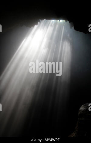 Lumière du soleil à travers la grotte grotte Jomblang trou à midi près de l'heure à Yogyakarta, Indonésie Banque D'Images