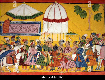 . English : 'Le Roi Janaka Dasharatha accueille avant le mariage de Rama : Dans cette scène d'une partie antérieure de l'épique 'Shangri' Ramayana, Rama et son frère Lakshmana sont décrits comme des jeunes garçons. Grâce à un exploit de force divine, Rama a gagné la main de la belle Sita, fille du roi Janaka de Mithila. Le père de Rama invite Janaka, Le Roi Dasharatha, à venir à Mithila pour les rites du mariage. Dans cette peinture, Janaka Dasharatha accueille, qui est arrivé avec ses prêtres et courtisans et configurer ses tentes à l'extérieur de la ville.' Janaka . entre vers 1700 et vers 1710. auteur inconnu 268 Janaka welc Banque D'Images