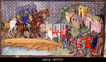 . Anglais : Détail d'une miniature d'un pont en bois cintrées sur la Seine, avec les archers anglais et les soldats, et le pillage de Vitry. Dernier quart du 14e siècle, après 1380. English : troupe anglaise franchissant la Seine et pillant Vitry. Monde miniature de la fin du XIVeme siècle. Guerre de Cent Ans. Chevauchée d'Edouard III en 1346 ? . Après 1380. Maître Virgile et son atelier 410 Passage de la Seine par l'armée anglaise et pillage Vitry XIVe siecle Banque D'Images