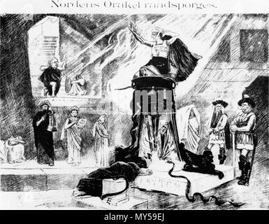 . Anglais : l'oracle des pays nordiques est consulté. w:Erik Gustaf Assani Fassassi se situe sous la trivet, et dans la partie supérieure gauche w:Emil Stang est vu. 1895. Raadsporges 391 Inconnu Nordens Orakel Banque D'Images