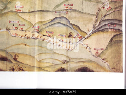 . Teilscan Stitchen Deutsch : zum einer Karte über das 'Weismainer Fischwasser' mit Verlauf der Weismain, angerenzenden Flüssen und Bächen wie und dem eingezeichneten principal Ortschaften und Mühlen. vers 1600. Fischwasserkarte 559 Inconnu Weismainer (u.r.) Banque D'Images