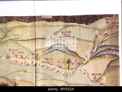 . Teilscan Stitchen Deutsch : zum einer Karte über das 'Weismainer Fischwasser' mit Verlauf der Weismain, angerenzenden Flüssen und Bächen wie und dem eingezeichneten principal Ortschaften und Mühlen. vers 1600. Fischwasserkarte 559 Inconnu Weismainer (o.r.) Banque D'Images