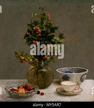 . English : Nature morte aux vase d'aubépine, bol de cerises, bol japonais, tasse et soucoupe (1872), Dallas Museum of Art, huile sur toile 60 x 25 cm . 13 février 2014 175 vase cheeries Fantin 13 fev 2014 Banque D'Images