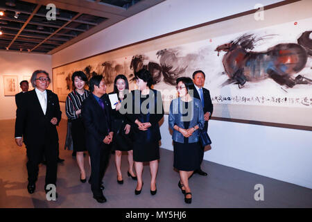 Séoul, Corée du Sud. 5 juin, 2018. Le président sud-coréen Moon Jae-in's épouse Kim Jung-sook (2e R, à l'avant) accompagnée par l'artiste chinoise Han Meilin (L'avant), des visites "le monde de Meilin à Séoul' exposition à Séoul, Corée du Sud, le 5 juin 2018. La tournée mondiale "Han Meilin expositions--le monde de Meilin à Séoul' a débuté à Séoul le mardi. Credit : Wang Jingqiang/Xinhua/Alamy Live News Banque D'Images