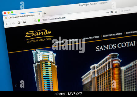 Londres, Royaume-Uni - 29 MAI 2018 : La page d'accueil du site officiel pour le Las Vegas Sands Corporation - l'American casino and resort company i Banque D'Images