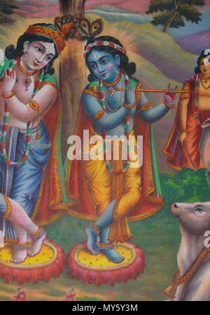 . Anglais : Portrait d'une impression papier. Imprimé à Calcutta par corvée par Bagan Art Studio. Album de gravures populaires montés sur des pages en tissu. Lithographie couleurs, lettres, inscrit et numéroté 73. Krishna et Balarama sont debout près de l'autre fleur de lotus sur un piédestal ; Krishna tient sa flûte, et Balarama un avertisseur sonore. Ils sont entourés par le cowherders, les gopas et leur troupeau. circa 1895. 304 inconnu flûte jouant de Krsna Banque D'Images