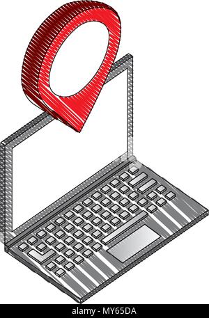 Ordinateur portable avec l'emplacement du pointeur sur l'icône isométrique Illustration de Vecteur