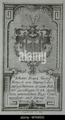 . Deutsch : Wappen des Franz Georg Ernst von Sturmfeder (1727-1793)-palatinat bayerischer Kämmerer und St. Georgs-Ritter . 29 novembre 2012, 10:16:21. Franz Xaver Jungwirth, (1720-1790) 506 Stecher Sturmfeder Wappen Banque D'Images