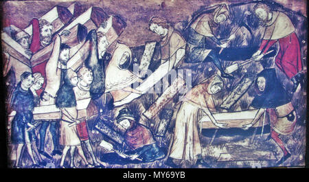 . Français : pièce dépeignant une miniature d'un manuscrit du 14ème siècle en Belgique au Musée de la diaspora, à Tel Aviv - fr:Beit Hatefutsot. Le musée note dit "Les citoyens de Toumai enterrer leurs morts au cours de la mort noire. À partir de la Miniature manuscrit, Belgique, 14ème siècle'. (La photo a été prise par fr:Utilisateur:Sodabottle) . Le 8 août 2011. 76 Inconnu, tourmai de Blackdeath Banque D'Images