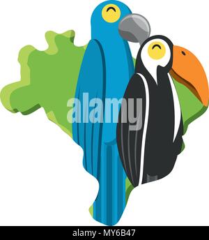 Brésil carte avec toucan et les oiseaux de l'ara sur fond blanc, vector illustration Illustration de Vecteur